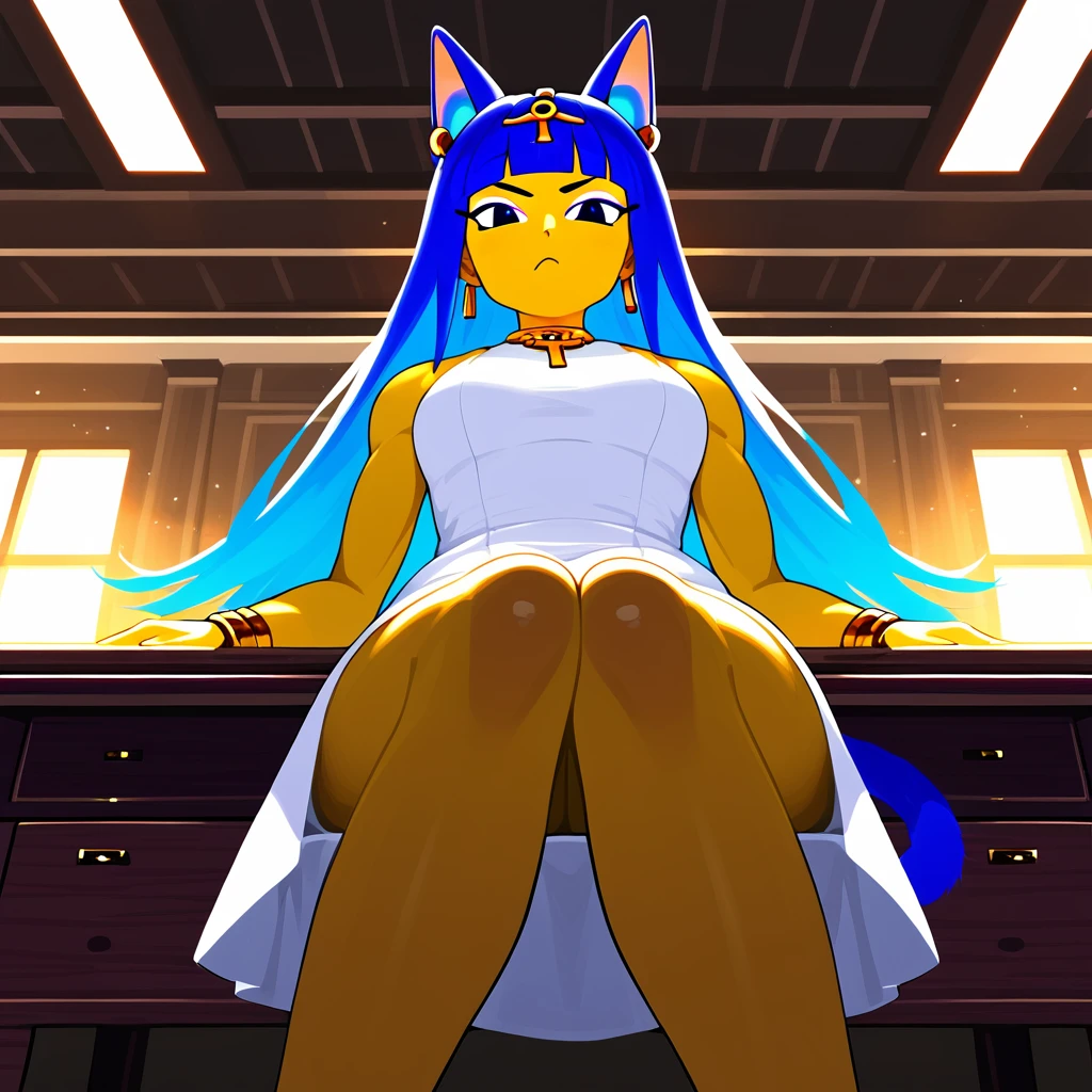 Eye, Animal Crossing Muscle, hairy, Blue Hair, Hair accessories, Yellow skin, 黑Eye, White Dress, Tail, Looking at the audience, Serious, Cross your legs, from_below, His sofa, Inside the living room, Hieroglyphics, high quality, masterpiece, 1 Girl,Cat ears,Dark skin tone,clothing,earrings,Jackal ears,Jewelry,Long hair, White Dress, Sit at your desk, She wrote a heartfelt letter, Her expression is both nostalgic and wistful, Dramatic Lighting, Detailed background, masterpiece, best quality, high quality, absurd, The award-winning, professional, Very detailed