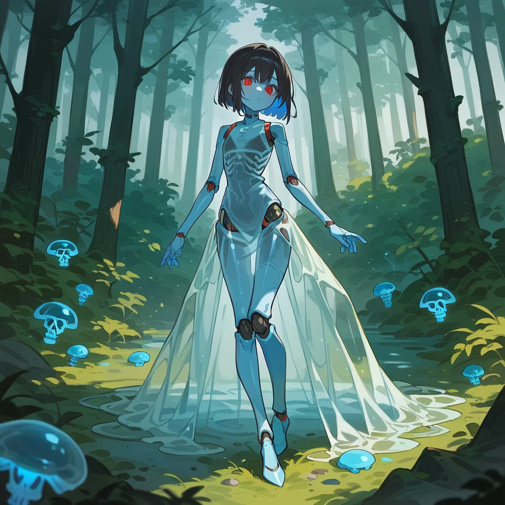 core_9_up, score_8_up, score_7_up, score_6_up, source_anime, 2D、1girl, black hair, red eyes, skeleton body, Translucent dress、Bones visible, forest, moss on body.、 blue jellyfish, robot joints