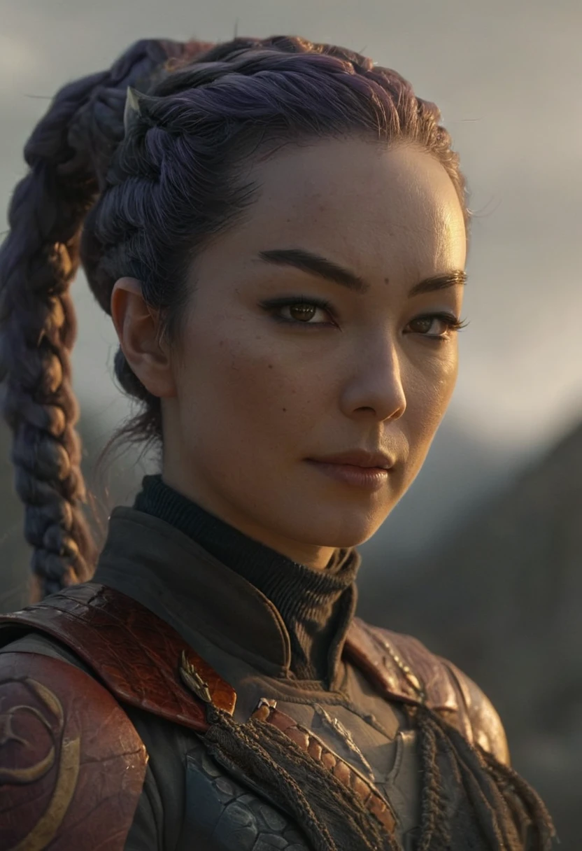 Hyperrealistic art female human dragon hybrid, covered in matte scales as skin, extreme close-up, striking reptilian eyes, dragon horns, bald, braided ponytail, exudes confidence and power, sunet, rim lighting, cold colors. style of Don Lawrence, style of (Will Murai:1.2), style of (Greg Rutkowski:0.8),  . Extremely high-resolution details, photographic, realism pushed to extreme, fine texture, incredibly lifelike