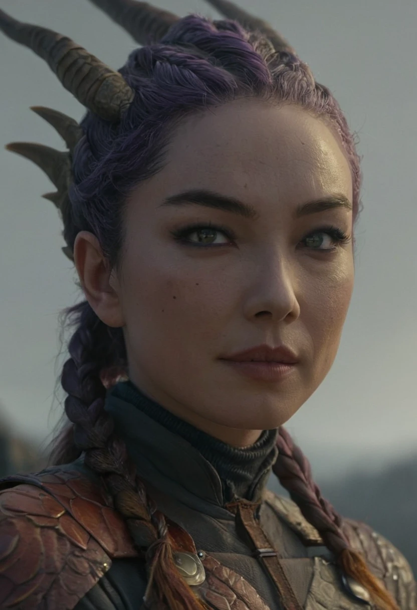Hyperrealistic art female human dragon hybrid, covered in matte scales as skin, extreme close-up, striking reptilian eyes, dragon horns, bald, braided ponytail, exudes confidence and power, sunet, rim lighting, cold colors. style of Don Lawrence, style of (Will Murai:1.2), style of (Greg Rutkowski:0.8), . Extremely high-resolution details, photographic, realism pushed to extreme, fine texture, incredibly lifelike