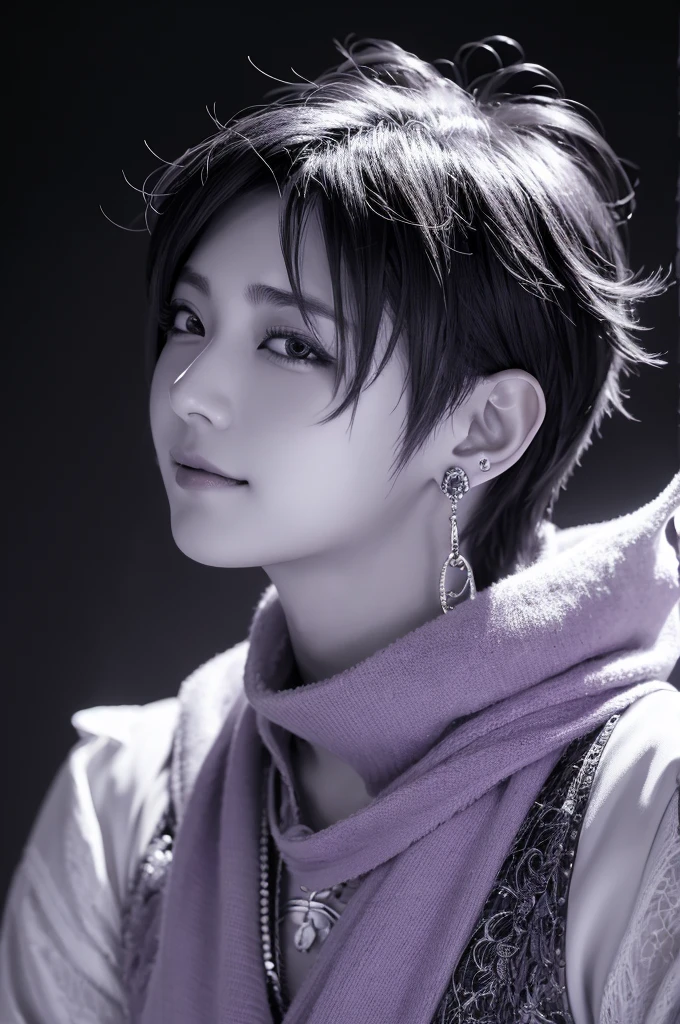 One boy,alone,short hair, Visual Kei, unity 8k wallpaper, Super detailed, beautiful and aesthetic, beautiful, masterpiece, Highest quality,, Earrings, Close your eyes and smile, Monochrome, purple,