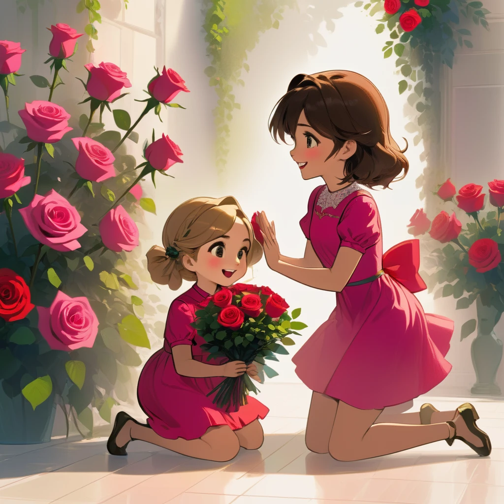 A colorful illustration features a boy kneeling on one knee, holding a vibrant bouquet of red roses and offering it to a girl. The girl, dressed in a bright pink dress, stands before him with a surprised and happy expression. The background is transparent, emphasizing the romantic and joyous moment between the two characters."
