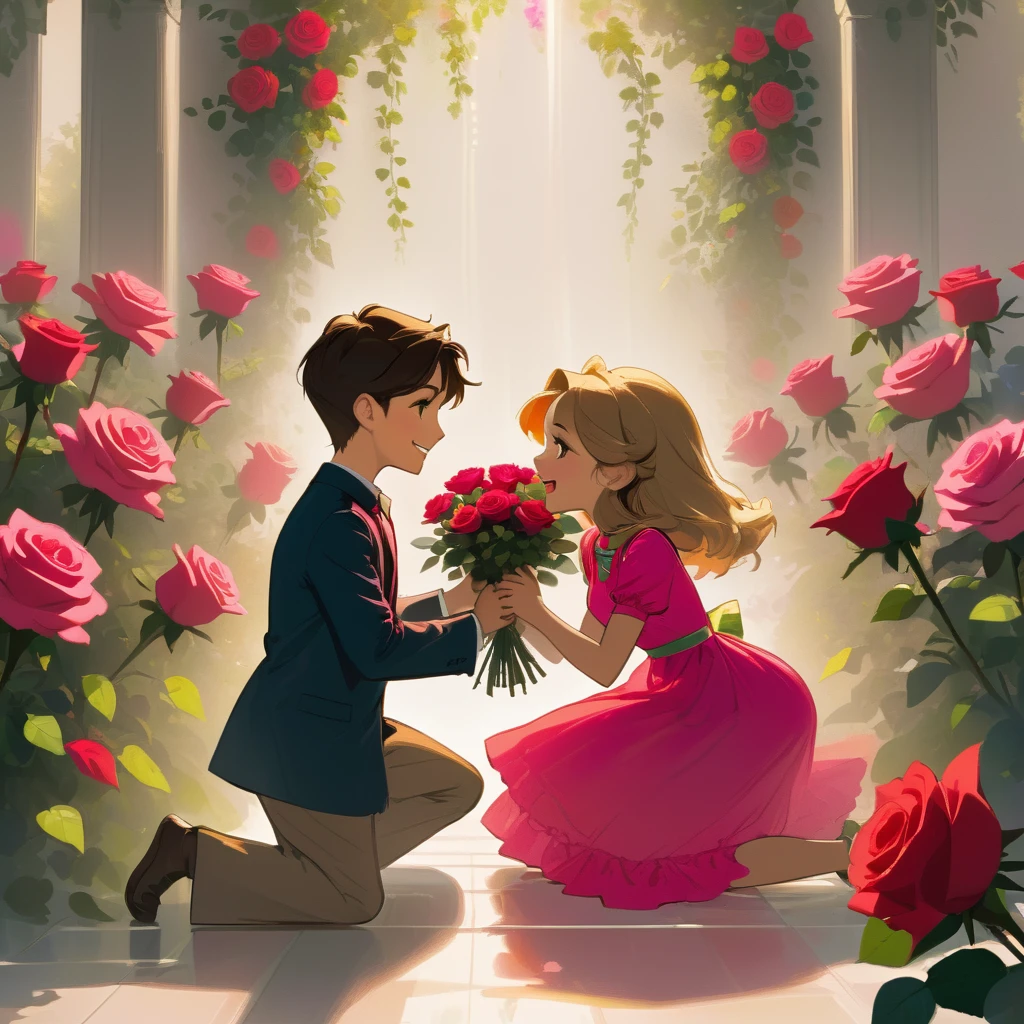 A colorful illustration features a boy kneeling on one knee, holding a vibrant bouquet of red roses and offering it to a girl. The girl, dressed in a bright pink dress, stands before him with a surprised and happy expression. The background is transparent, emphasizing the romantic and joyous moment between the two characters."
