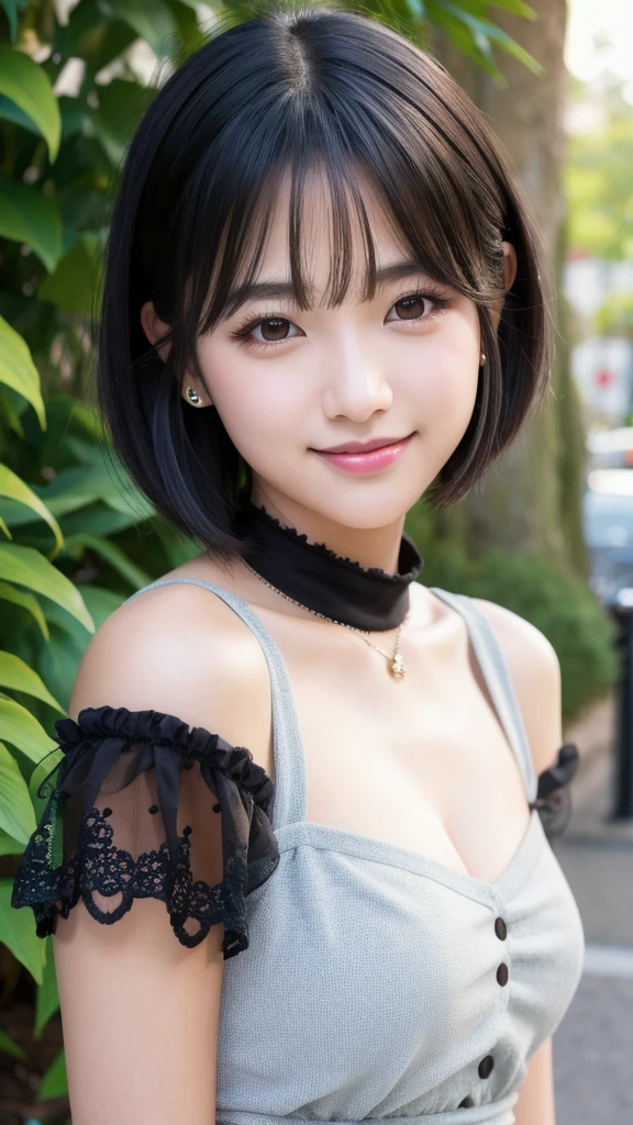 (8K, Photorealistic, Raw photo, Highest quality: 1.4),Japanese idol-style beautiful girl,1 person,18-year-old,(Short Bob),(Black Hair :1.1),She has her hair tucked behind her ears,Clear grey eyes,Long eyelashes,(piercings(small)),(Lip gloss),lips(Plump,glossy),thin long neck,gothic lolita dress,Smiling at the camera,Full body portrait