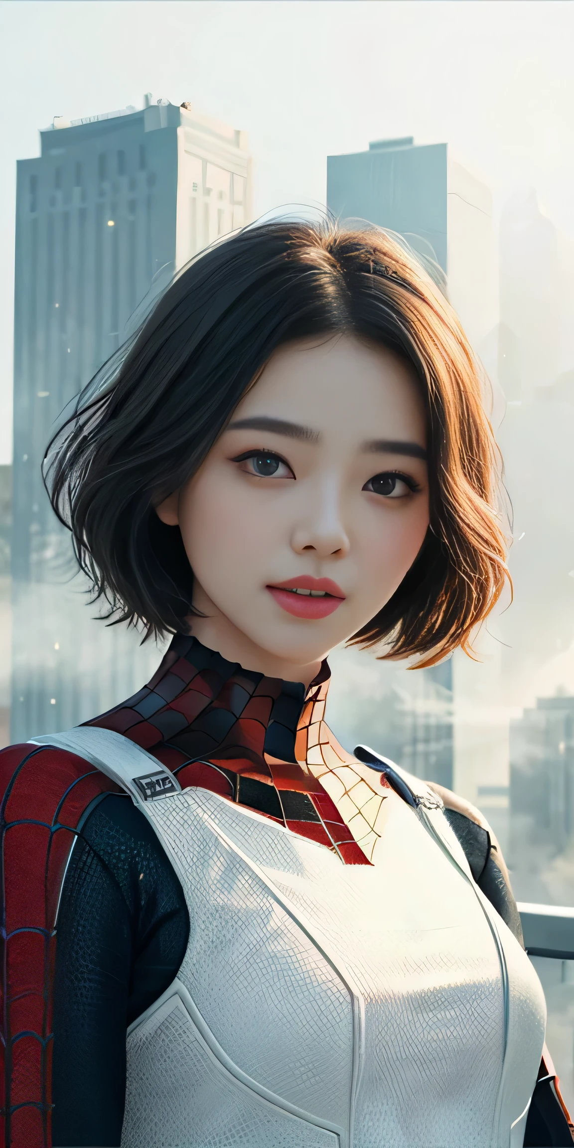
(1 woman:1.3), alone, (((매우 detailed face)))), ((Highly detailed eyes and face)))), beautiful 디테일의 눈, Integrated 8K wallpaper, beautiful, masterpiece, best quality, original, masterpiece, very nice photo, best quality, ultra high resolution, realistic realism, sunlight, full body portrait, amazing beauty, dynamic pose, delicate face, lively eyes, (from the front), she wears a spiderman suit, red and black color scheme, very detailed city roof background, rooftop, city view, detailed face, very cool, milk white, highly detailed skin, realistic skin details, visible pores, clear focus, volumetric fog, high quality, film grain, fair skin, photo realism, lomography, Futuristic dystopian megacity, transparent