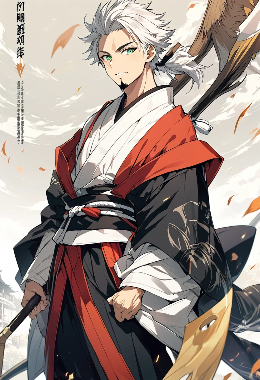 1 young boy, male focus, details Intricate, 1 men, bonitas, White hair, vibrant green eyes, slim muscles, アニメ, 19yearsold, 19 years, a small goatee, kimono de Shinigami, Shinigami, bleach style, bleach, regatta, kimono, bleach, bleach style, sickle ( uma sickle de tamanho mediano poderosa e afiada), sickle media, focus sickle (focada no tamanho e poder da sickle)