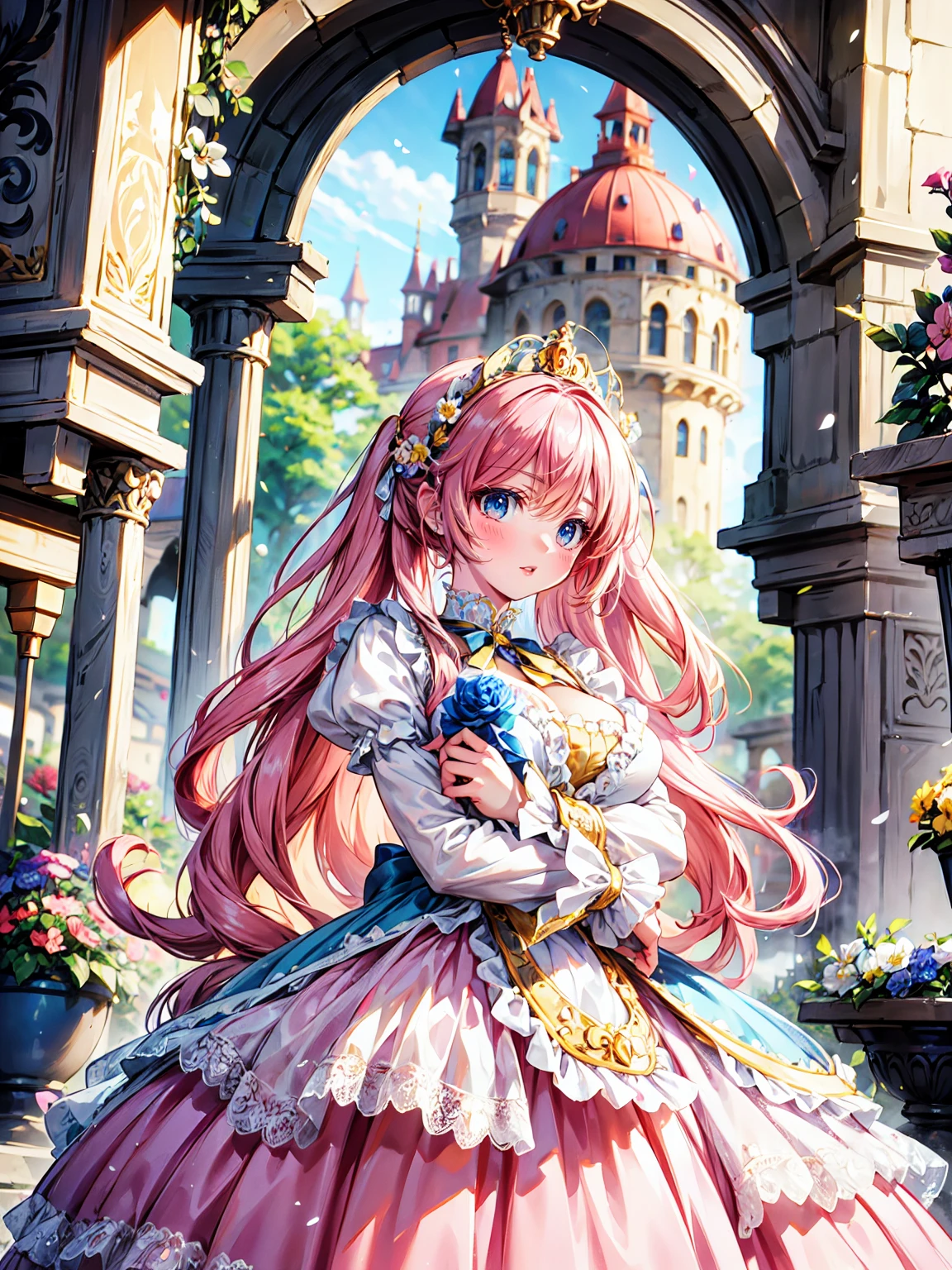 anime moe art style, ((Masterpiece, ultra detailed, exquisite quality)), (((young face solo princess))), (dress light yellow dress), (((ultra elaborate gorgeous rococo victorian gown with voluminous hoopskirt and long hems and lot of frills and pleats dense lace and cute ribbon, princess style skirt, ultra lovely gown))), (((hair pink hair))), ((fluffy long ponytail)), (Expressive very voluminous hair), ((huge breasts)), breasts cleavage, (((hugging own legs, front view))), super delicate face, kawaii face, (hyper detail delicate eyes, hyper beautiful eyes), (eyes blue eyes), (((So lot's of colorful flowers))), ((face focus, eyes focus, blurry background:1.5)), (isometric 3D:1.3), particle effect,