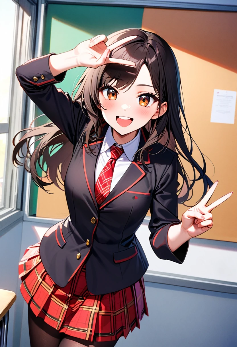 A young woman, 18-years-old, solo, Korean, (loose wavy black hair, no bangs:1.1), brown eyes, black blazer, white blouse, red plaid necktie, red pleated skirt, black pantyhose, playful smile, cheerful, mature face, classroom, holding up a v-sign