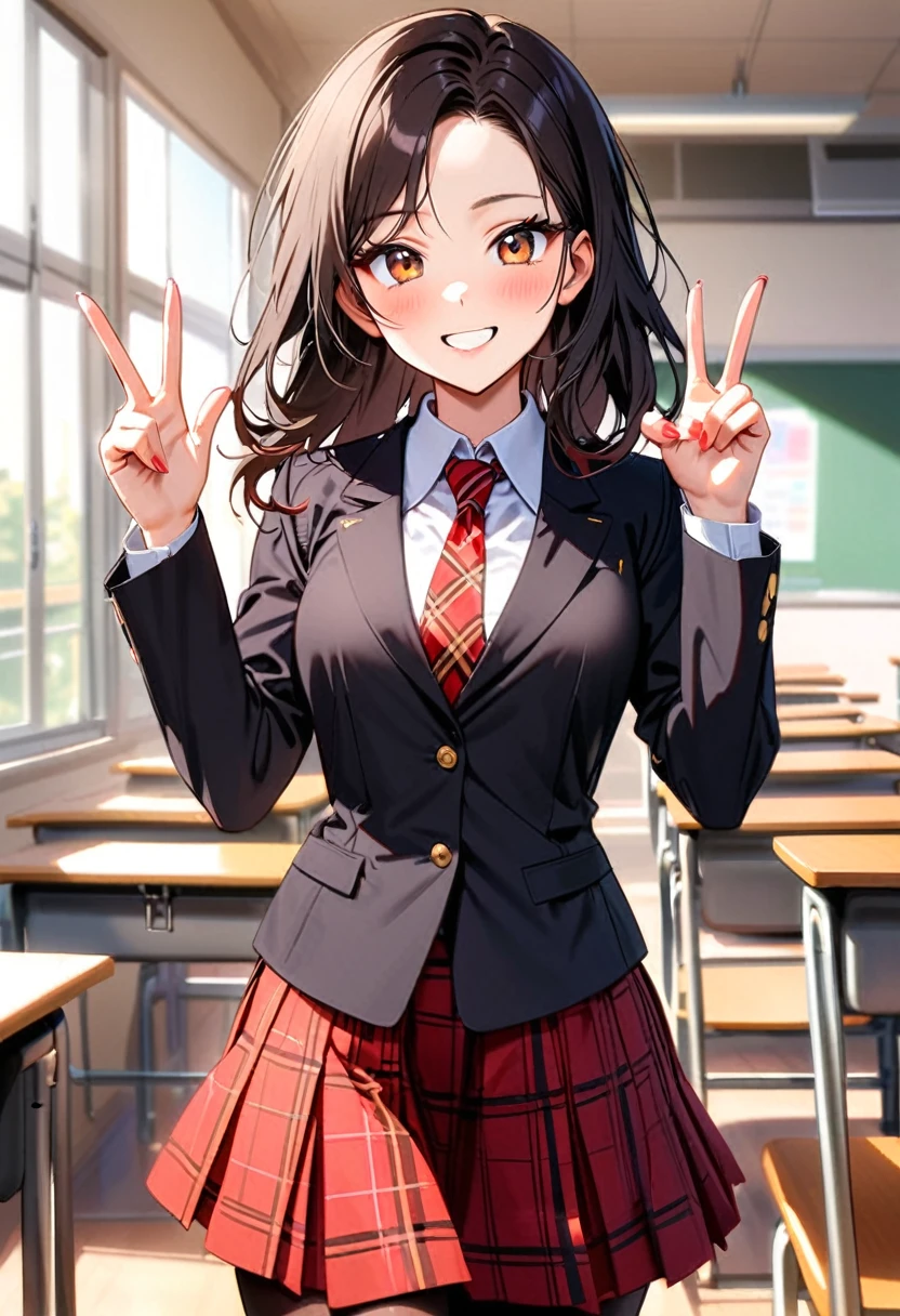 A young woman, 18-years-old, solo, Korean, (loose wavy black hair, no bangs:1.1), brown eyes, black blazer, white blouse, red plaid necktie, red pleated skirt, black pantyhose, playful smile, cheerful, mature face, classroom, holding up a v-sign