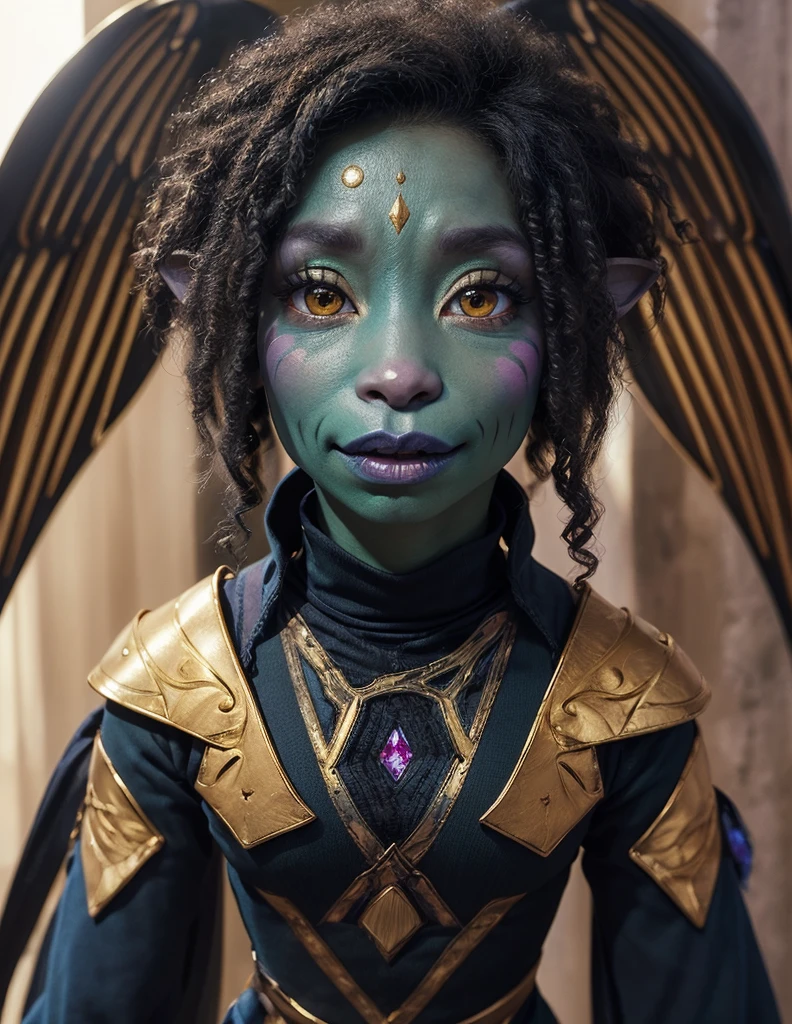 dousan, gelfling, female, blue skin, afro hair, heterochromia green and black eyes, insect wings, wearing wraps, gold body and face markings, in an iridescent crystal desert, looking at viewer, dynamic pose