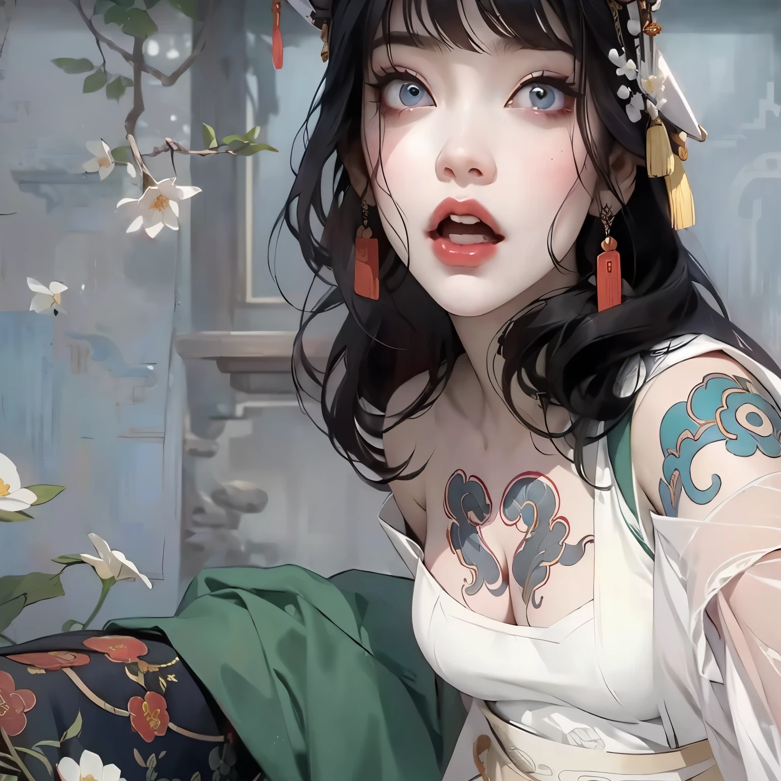 There is a woman with a tattoo on her arm holding a folding fan., artwork in the style of Gwaiz, Gwaiz, Beautiful character drawings, Alphonse Mucha and Rosdrose, Fantasy art style, Artjam and Athi Gairan, Gwaiz masterpiece, Trending on cgstation, Reusch and Urop, ArtJam and Luan Jia