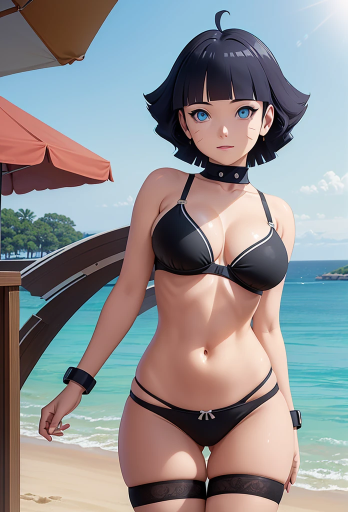 Masterpiece,Solo,1girl,Himawari Uzumaki,(Boruto),Big Breasts,Perfect Body,Sexy Body Hot,High Quality,High Resolution,Photograph 16K,Ultra Detailed,Beautiful,Beautiful Woman,Sexy Bra And Panties,Beach Background 