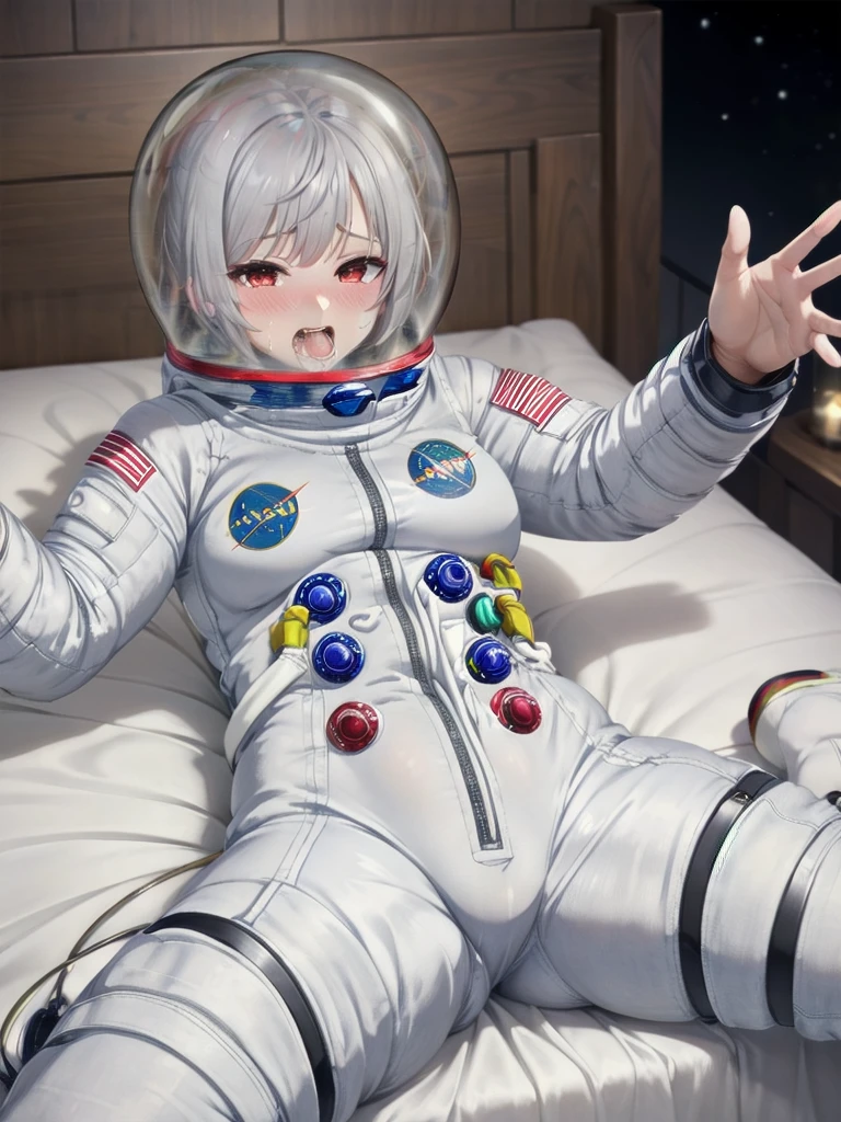 (spacesuit:1.15), white cargo pants, astronaut)bubble helmet, space helmet masturbation, fingering, female_masturbation, grabbing_own_tits, mature_woman, rolling eyes, ahegao, tongue sticking out, drooling, drooling, sweat, blushing, , looking at the audience, lying , indoors, in bed, bed, masterpiece, best quality, 1girl, solo, red eyes, tits, {{{messy hair:1.6}}}, bangs, white hair, spread legs, sitting, , short hair, twintails, ,(heart sayings:1.2)