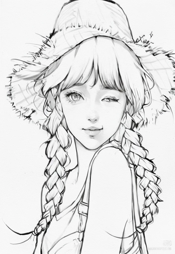 a drawing of a girl with braid hair wearing a hat, lineart behance hd, beautiful line art, anime style drawing, line art portrait, manga art style, perfect lineart, realistic line drawing, traditional drawing style, extremely fine ink lineart, detailed portrait of anime girl, girl sketch, 🤤 girl portrait, beautiful drawing style, sketch style