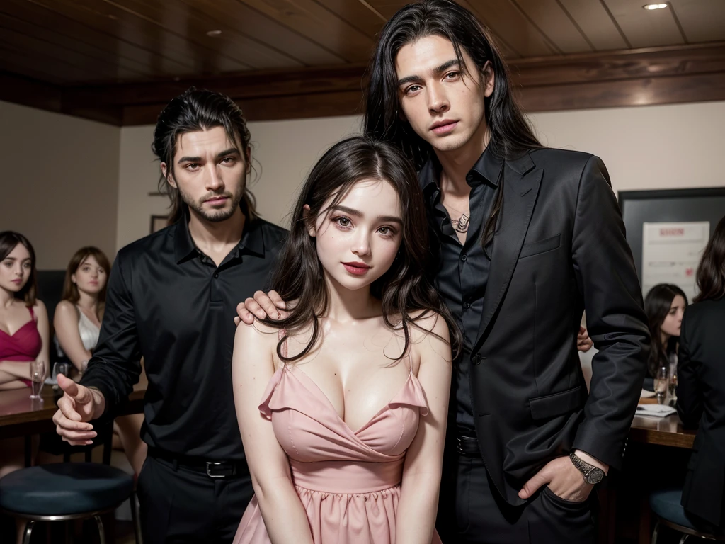 UltraHD realistic image, where Uruguayan actor Enzo Vogrincic is smiling in the corner, black suit dress, wavy black hair, with trim shaping the face and larger at the back of the neck, black shirt and black pants, Next to him is singer Sabrina Carpenter with long wavy blonde hair and messy bangs falling over her eyes, with red lipstick, wearing a pink dress with a sweetheart neckline. They are together as a couple.