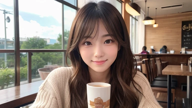 Produce the highest quality and highest resolution 8K images。Please draw the upper body of a 20 year old Japanese woman.。Please draw an image of someone reading a book while drinking tea in a stylish coffee shop.。She has brown eyes and a model-like figure、She has an idol-level cute face.。The hair is wavy。The skin is、A healthy skin tone。she、I'm smiling at the camera。