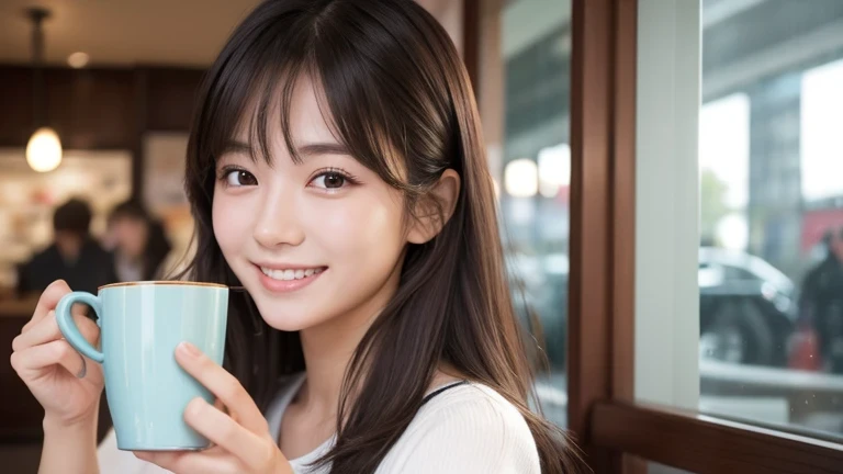 Produce the highest quality and highest resolution 8K images。Please draw the upper body of a 20 year old Japanese woman.。Please draw an image of someone reading a book while drinking tea in a stylish coffee shop.。She has brown eyes and a model-like figure、She has an idol-level cute face.。The hair is wavy。The skin is、A healthy skin tone。she、I'm smiling at the camera。