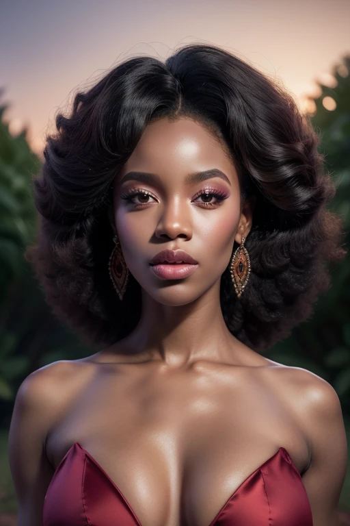 afro woman, model body, slim body, sharp face, symmetrical eyes, big eyelashes, mouth sex, sharp nose, Medium and round breasts, sex dress, redgown, natural landscape, sunset lights, HDR, 8K, High definition, fully body