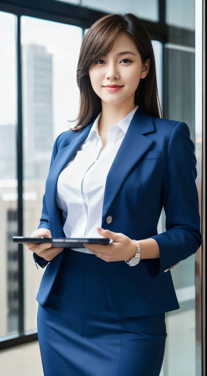 Best Quality, High Quality,Ultra Quality, 8k portrait ,white woman,beautiful woman,new employee ,large breasts ,side, Business women's suit skirt,full body,In the office, ipad in hand