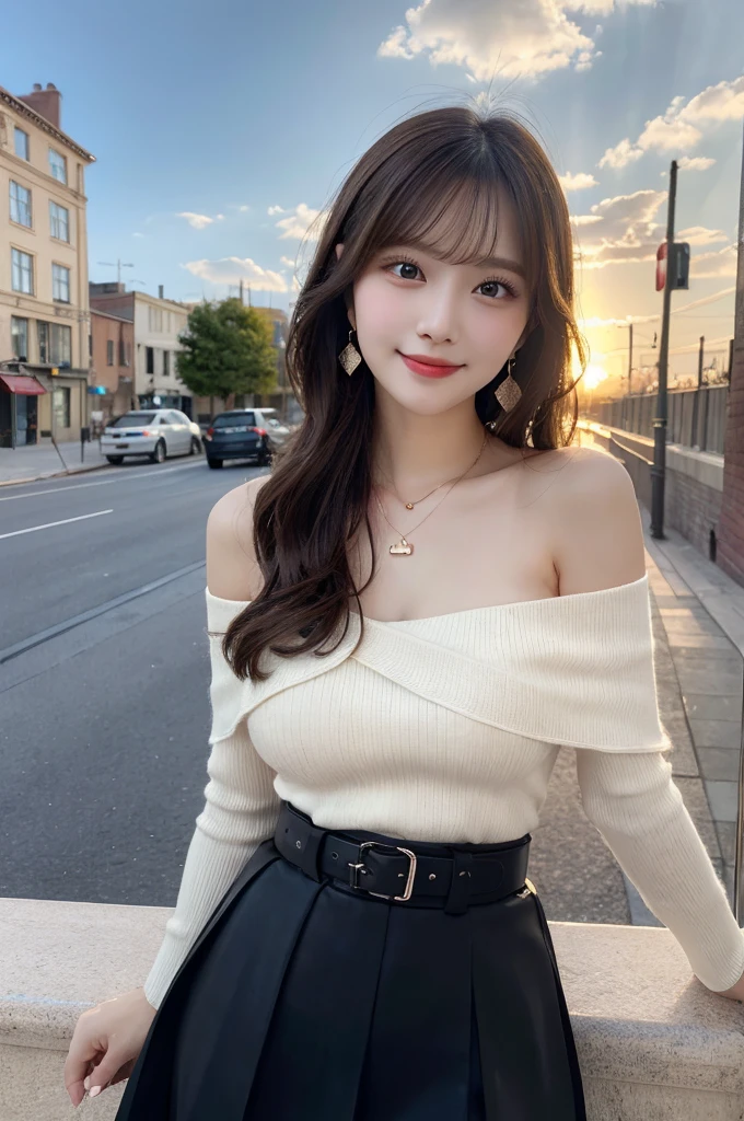 masterpiece, high resolution:1.4), best quality, illustration, ultra-detailed, finely detail, highres, perfect dynamic composition, beautiful detailed brown eyes, shiny necklace and earrings, sexy dynamic body, beautiful brown long hair, 26 years old, (highest quality,4k,8K,High resolution,masterpiece:1.2), Super detailed, abdomen, Smiling with a little excitement, , thighs, cowboy shot, big breasts, black Sleeveless turtleneck, black long skirt, ponytail, bobbin lace ruffle mini skirt,Sexy face, a belt,bags, a necklace,piercings,Big Baggy Bobbin Lace V-Neck Off-Shoulder Sweater,Use the sunset as illumination,Cinematic Light