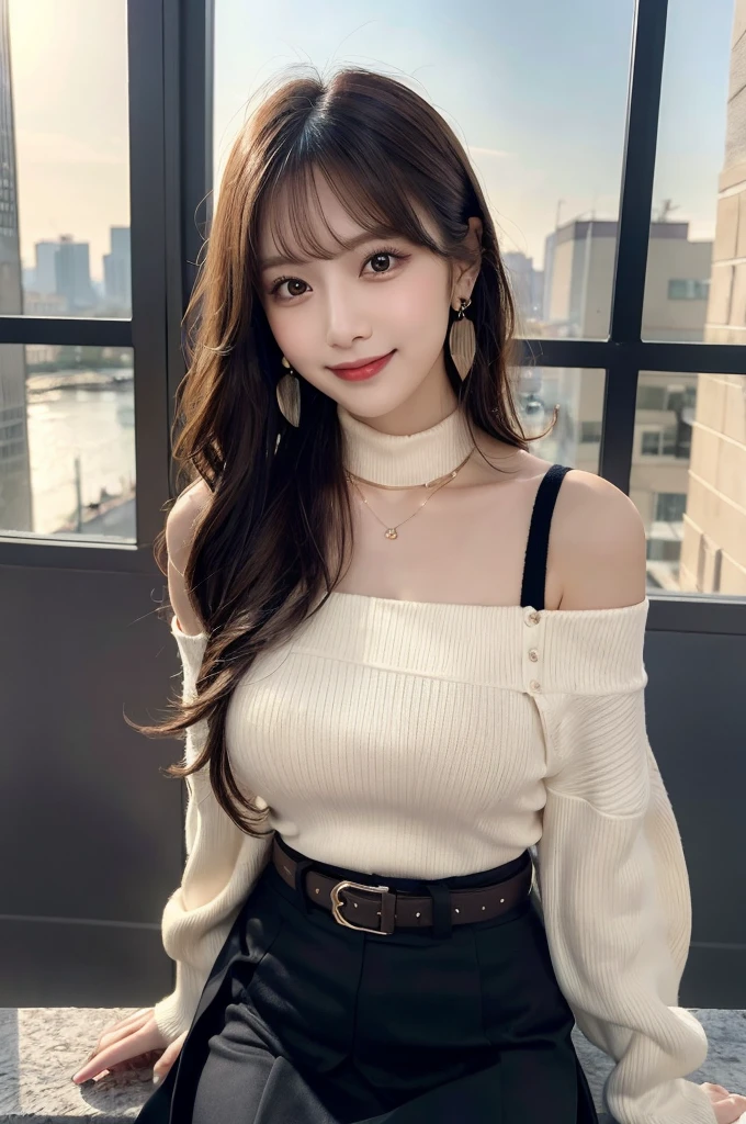 masterpiece, high resolution:1.4), best quality, illustration, ultra-detailed, finely detail, highres, perfect dynamic composition, beautiful detailed brown eyes, shiny necklace and earrings, sexy dynamic body, beautiful brown long hair, 26 years old, (highest quality,4k,8K,High resolution,masterpiece:1.2), Super detailed, abdomen, Smiling with a little excitement, , thighs, cowboy shot, big breasts, black Sleeveless turtleneck, black long skirt, ponytail, bobbin lace ruffle mini skirt,Sexy face, a belt,bags, a necklace,piercings,Big Baggy Bobbin Lace V-Neck Off-Shoulder Sweater,Use the sunset as illumination,Cinematic Light