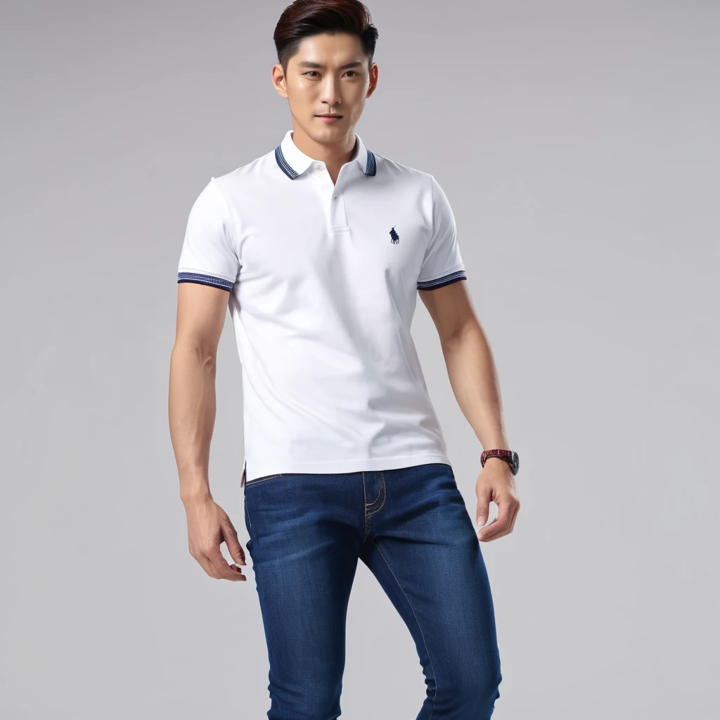 Photo quality,High definition,8K,20th generation,male,polo shirt,jeans,Japanese,full boby