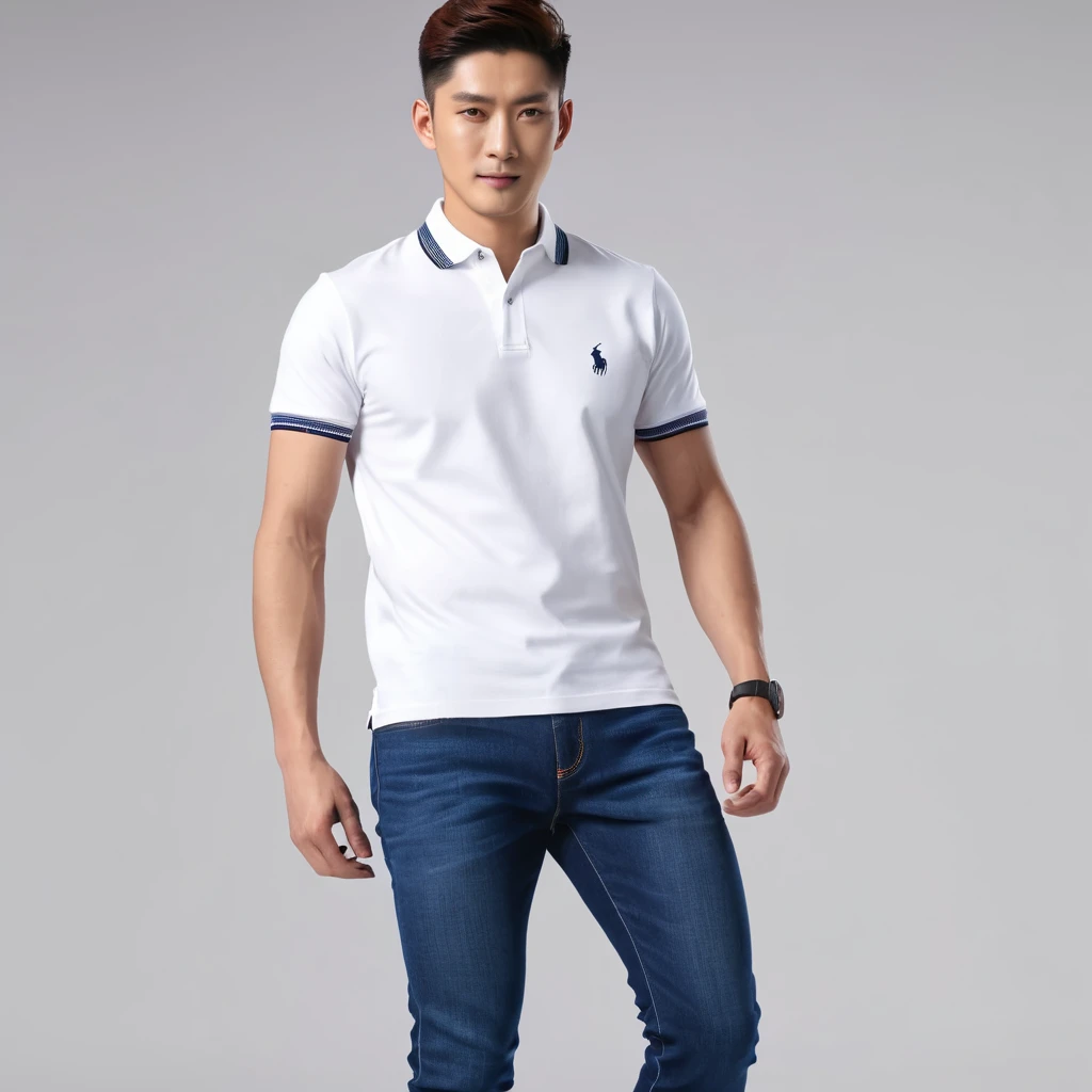 Photo quality,High definition,8K,20th generation,male,polo shirt,jeans,Japanese,full boby