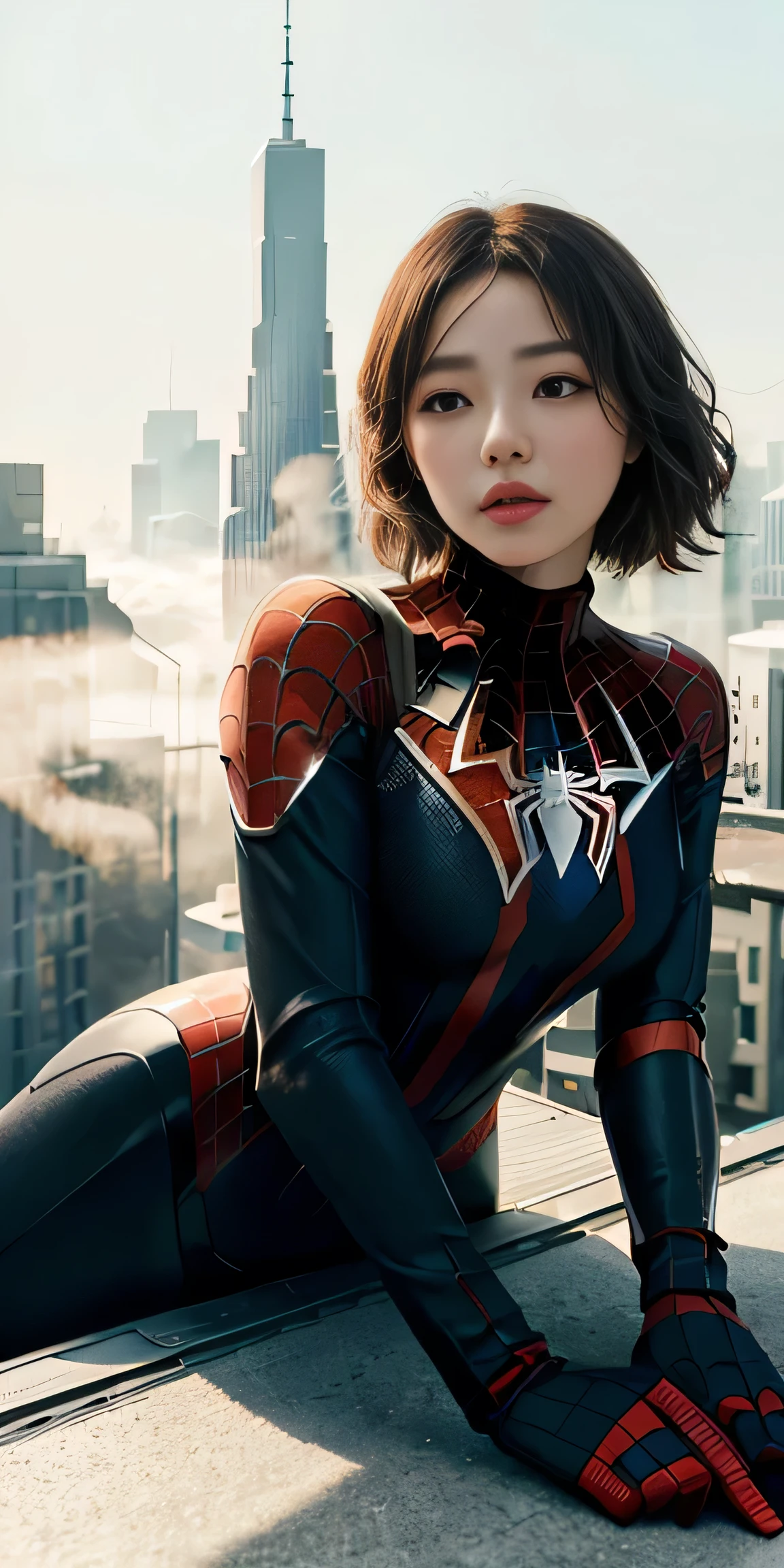 (1 woman:1.3), alone, (((매우 detailed face과 몸매)))), ((highly detailed chest)))), beautiful 디테일의 눈, Integrated 8K wallpaper, beautiful, masterpiece, best quality, original, masterpiece, very nice photo, best quality, ultra high resolution, realistic realism, sunlight, full body portrait, amazing beauty, dynamic pose, delicate face, lively eyes, (from the front), she wears a spiderman suit, red and black color scheme, very detailed city roof background, rooftop, city view, detailed face, very cool, milk white, highly detailed skin, realistic skin details, visible pores, clear focus, volumetric fog, high quality, film grain, fair skin, photo realism, lomography, Futuristic dystopian megacity, transparent