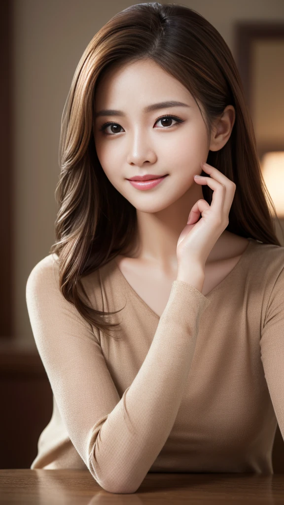 Tabletop, Highest quality, Realistic, Very detailed, finely, High resolution, 8k wallpaper, One beautiful woman,, Light brown long stretchy hair,........, Sharp focus, Perfect dynamic composition, Beautiful and exquisite, Thinning hair, Detailed Realistic skin texture, smile, Close-up portrait, Model Body Type、president'secretary、mini skirt、High heels、