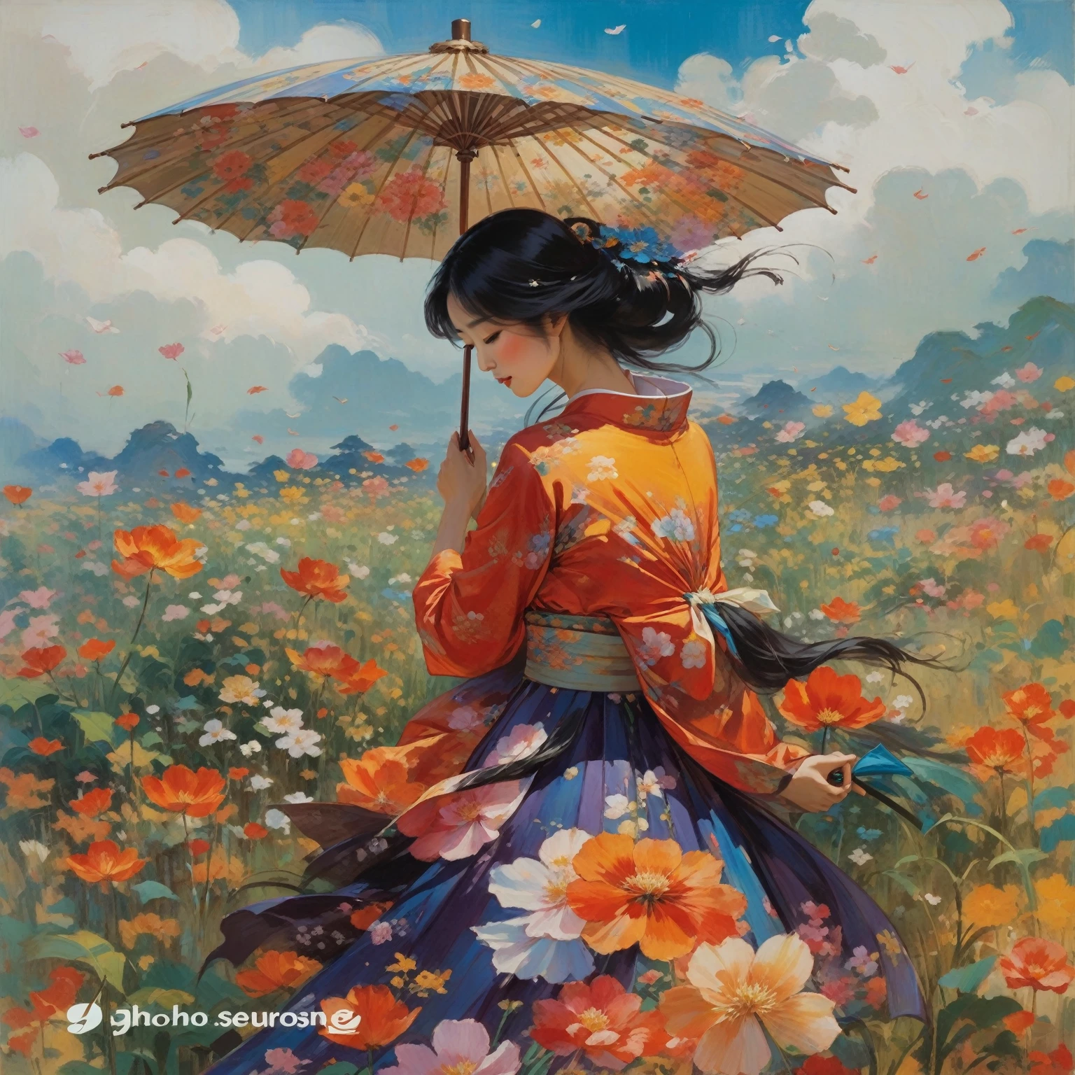 painting of a woman In the flower field holding an umbrella, Jan J, by Jeong Seon, Jin Non, Chen Lin, Written by Xie Sun, Kim Whan-ki, In the flower field, Shin Jinyoung Art, Li Song, a goddess In the flower field, by Zhou Chen, in style of steve henderson、Sign in the lower left、Erase characters