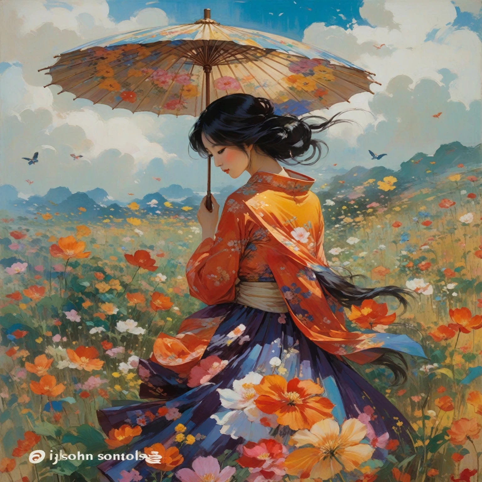 painting of a woman In the flower field holding an umbrella, Jan J, by Jeong Seon, Jin Non, Chen Lin, Written by Xie Sun, Kim Whan-ki, In the flower field, Shin Jinyoung Art, Li Song, a goddess In the flower field, by Zhou Chen, in style of steve henderson、Sign in the lower left、Erase characters