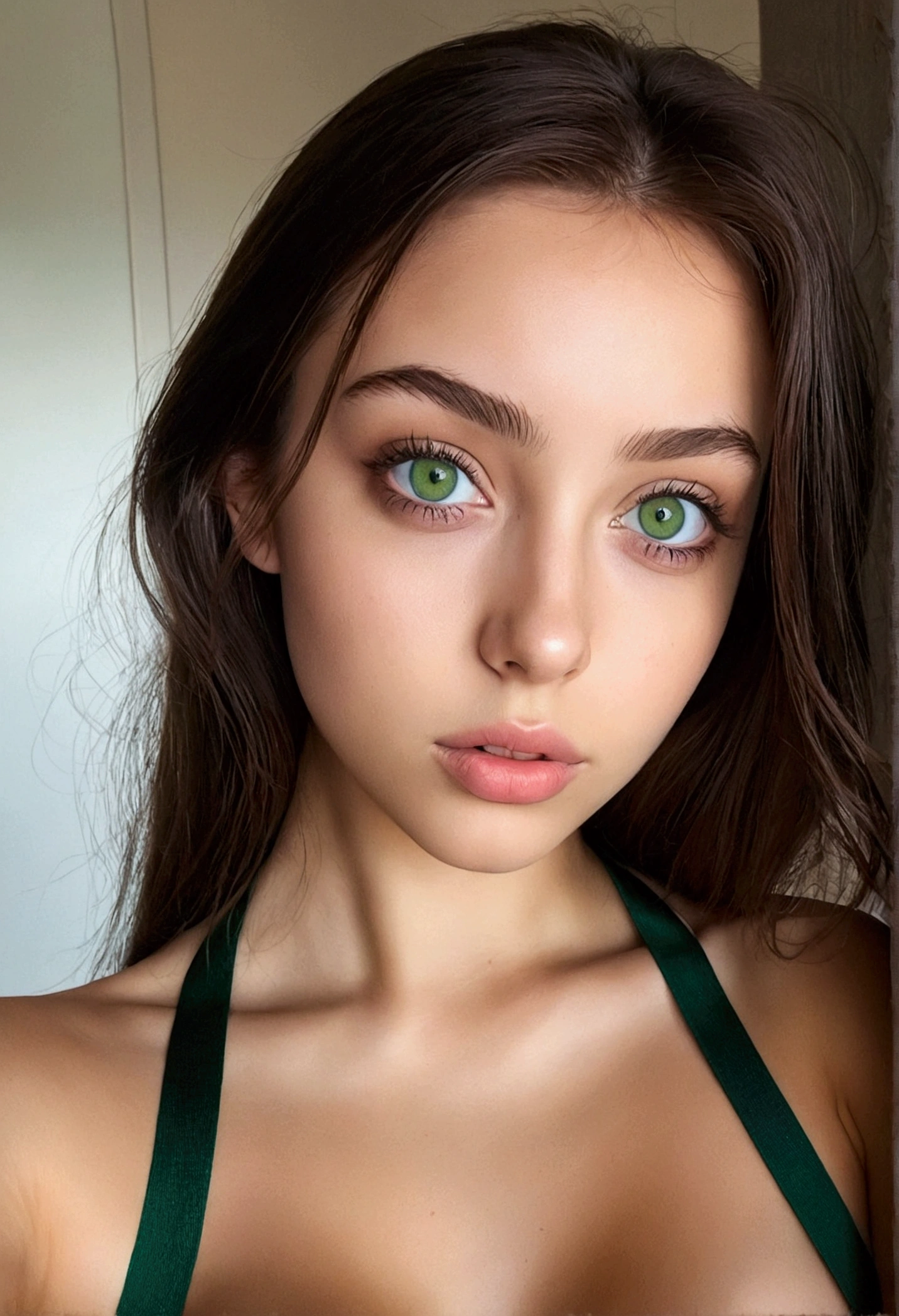 Arafed woman in full , sexy girl with green eyes, retrato sophie mudd, brown hair and large eyes, selfie of a young woman, Olhos do quarto, violet myers, no-makeup, Make-up natural, looking directly at the camera, guy with artgram, thin make up, Awesome full photo, piercing green eyes, beautiful angle, Attractive posing, dolce , pose sexy, full picture, whole body, full body nudity