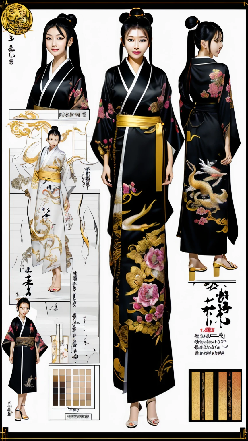 ((masterpiece)),(((Highest quality))),((Character design sheet)),Kagura in Hiroshima Prefecture,Wearing a demon mask,Wearing a kimono,The kimono is embroidered with tigers and dragons.,A kimono with gold, silver, and black as its main colors,It is a gorgeous kimono,Standing with knees bent and striding,The demon mask has long hair.,