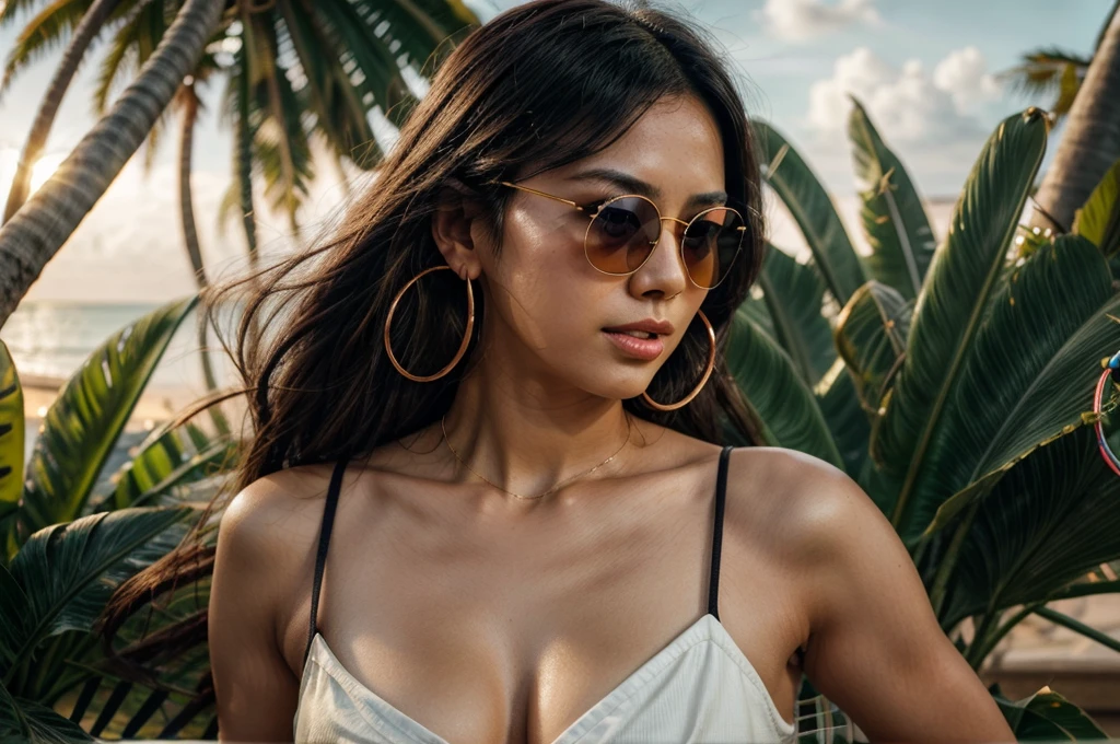 [[((young attractive Singaporean woman with strong Chinese Asian influence, a brown tanned complexion, long straight dark black hair, striking almond-shaped dark brown eyes, and a  frame:1.6)), ((Sophie Tan:1.5)), performing a graceful yoga pose on a stunning tropical beach in Southeast Asia. She is wearing a stylish, sexy bikini, fashionable sunglasses, and chic hoop earrings ((focus on her fashionable look, especially the sunglasses and hoop earrings:1.6)). The background features clear blue water, lush palm trees, and a vibrant sunset with pink hues in the sky ((focus on the tropical setting:1.5)).

The scene is captured in landscape orientation with a slightly zoomed-out perspective. The image is taken with a ((full-frame DSLR:1.4)) using a ((24-70mm zoom lens:1.4)). Professional studio lighting and natural sunset lighting combine to enhance her features and the vibrant background, creating a balanced and visually stunning image. Post-production includes a subtle purple overlay to unify the colors and add a dreamy effect, along with a soft bokeh effect to slightly blur the background.

The image should be in ((8K resolution:1.5)) with ((hyper-realistic detail:1.6)), showcasing every intricate detail of Sophie Tan, her stylish bikini, fashionable sunglasses, hoop earrings, the tropical beach setting, and the serene, luxurious atmosphere.]]