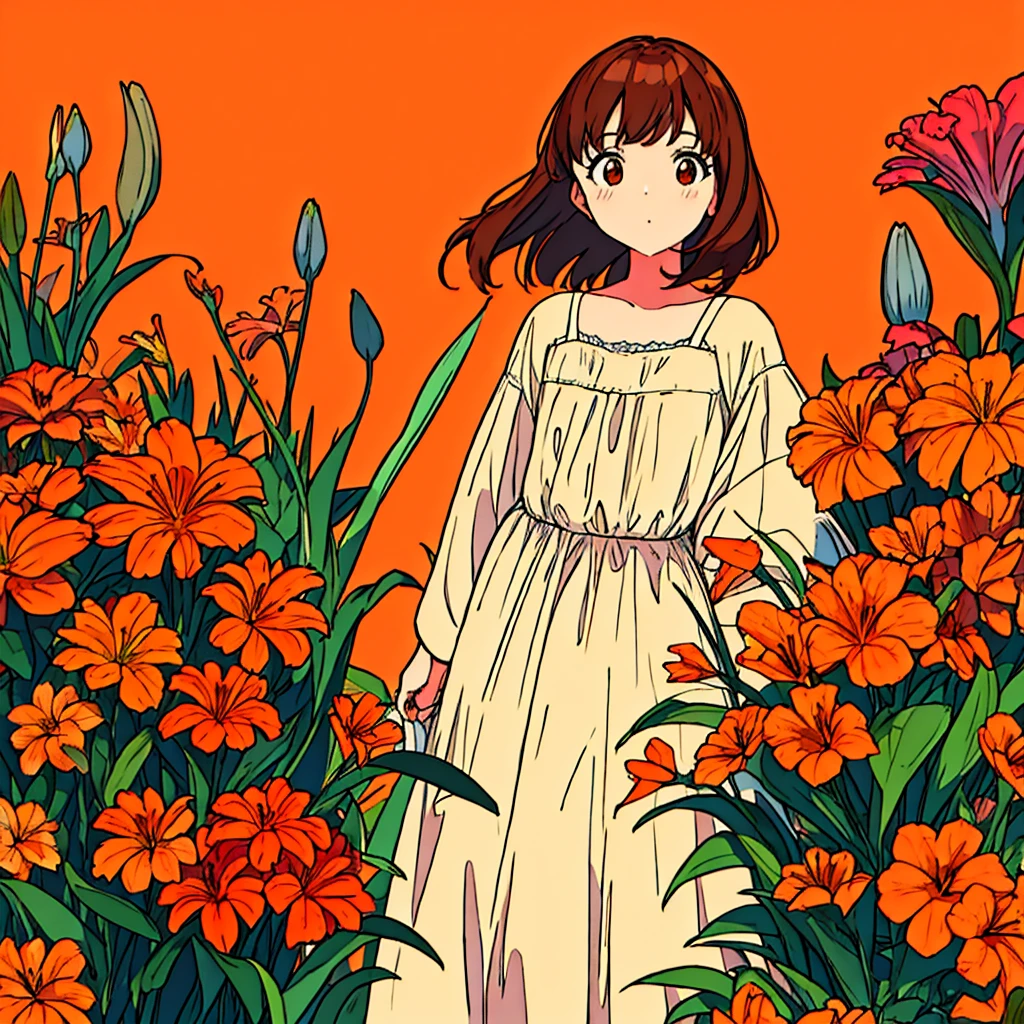 Orange plain background, lily flower, girl in white dress, brown hair, summer, nostalgic, simple