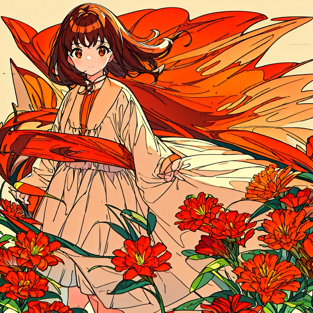 Orange plain background, lily flower, girl in white dress, brown hair, summer, nostalgic, simple