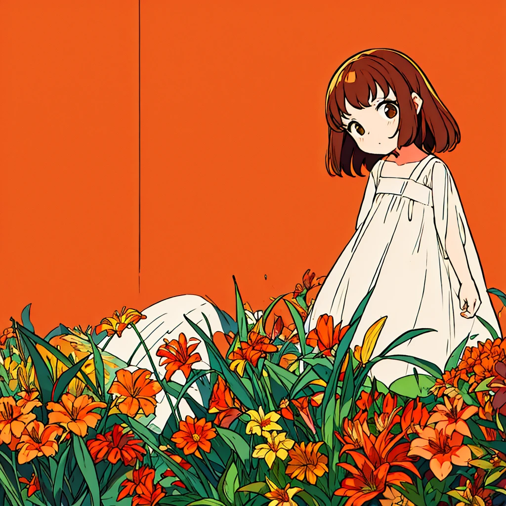 Orange plain background, lily flower, girl in white dress, brown hair, summer, nostalgic, simple