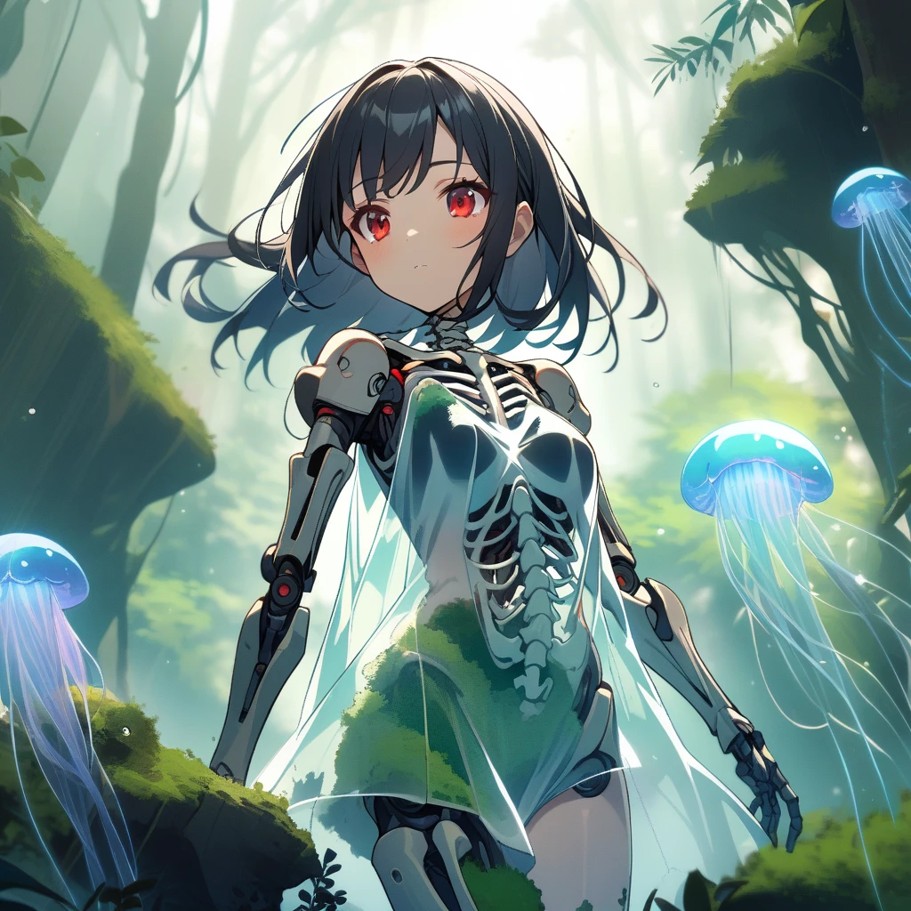 1girl, black hair, red eyes, skeleton body, Translucent dress、Bones visible, forest, moss on body.、 blue jellyfish, robot joints