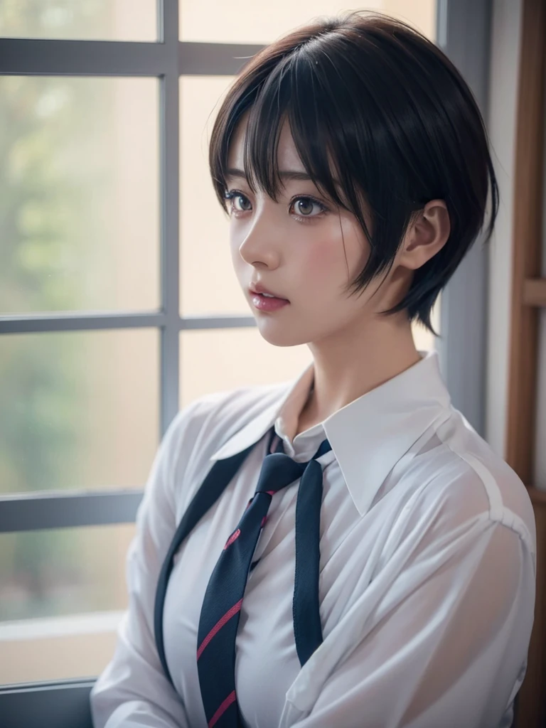 anime girl with short hair and a tie looking out a window, beautiful anime portrait, smooth anime cg art, detailed portrait of anime girl, stunning anime face portrait, portrait anime girl, anime. soft lighting, realistic anime artstyle, anime art wallpaper 8 k, beautiful anime girl, detailed digital anime art, digital art ilya kuvshinov, anime style 4 k