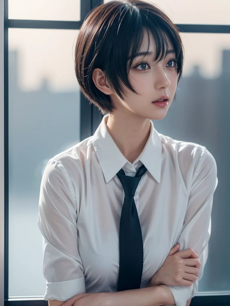 anime girl with short hair and a tie looking out a window, beautiful anime portrait, smooth anime cg art, detailed portrait of anime girl, stunning anime face portrait, portrait anime girl, anime. soft lighting, realistic anime artstyle, anime art wallpaper 8 k, beautiful anime girl, detailed digital anime art, digital art ilya kuvshinov, anime style 4 k