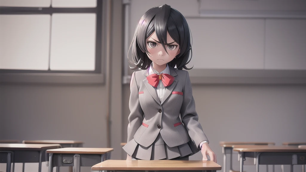 masterpiece, Highest quality, Cutchikirkia, bow tie, Grey blazer, Grey Skirt, School, classroom, Cowboy Shot, View your viewers, Frowning,