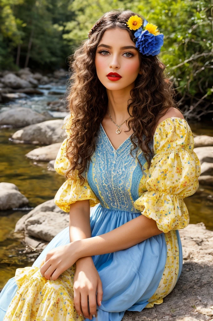 ( yellow dress with puff sleeves square neckline with lace details) (flower tiara for light brown curly hair) (big lips red lipstick piercing blue eyes) (basket of colorful flowers) (in the background sun appearing) (gypsy camp) (She is wearing a yellow dress with gypsy decorations and ruffled lace.) sitting by a stream