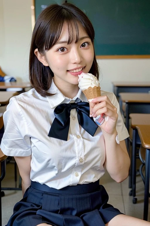 Tabletop, Highest quality, figure, Super detailed, In detail, High resolution, 8k wallpaper, Perfect dynamic composition, 1 beautiful girl, Beautiful attention to detail, (Look at the parfait), Girly blue blouse, short Hair, slender chest, Natural color lip, Random Pause, toothy smile, Open your mouth:1.2, 20-year-old girl, sit, One girl, alone, eat, Holding food, Realistic,(licking ice cream, ice cream cone:1.35)、(Beautiful Japanese Girls:1.3)、(School uniform,bow:1.35)、(Panty shot,cameltoe,droppy big eyes)、(high school),(Dark blue skirt,white mesh panty:1.3)、(sitting with spreading legs in the classroom:1.25)