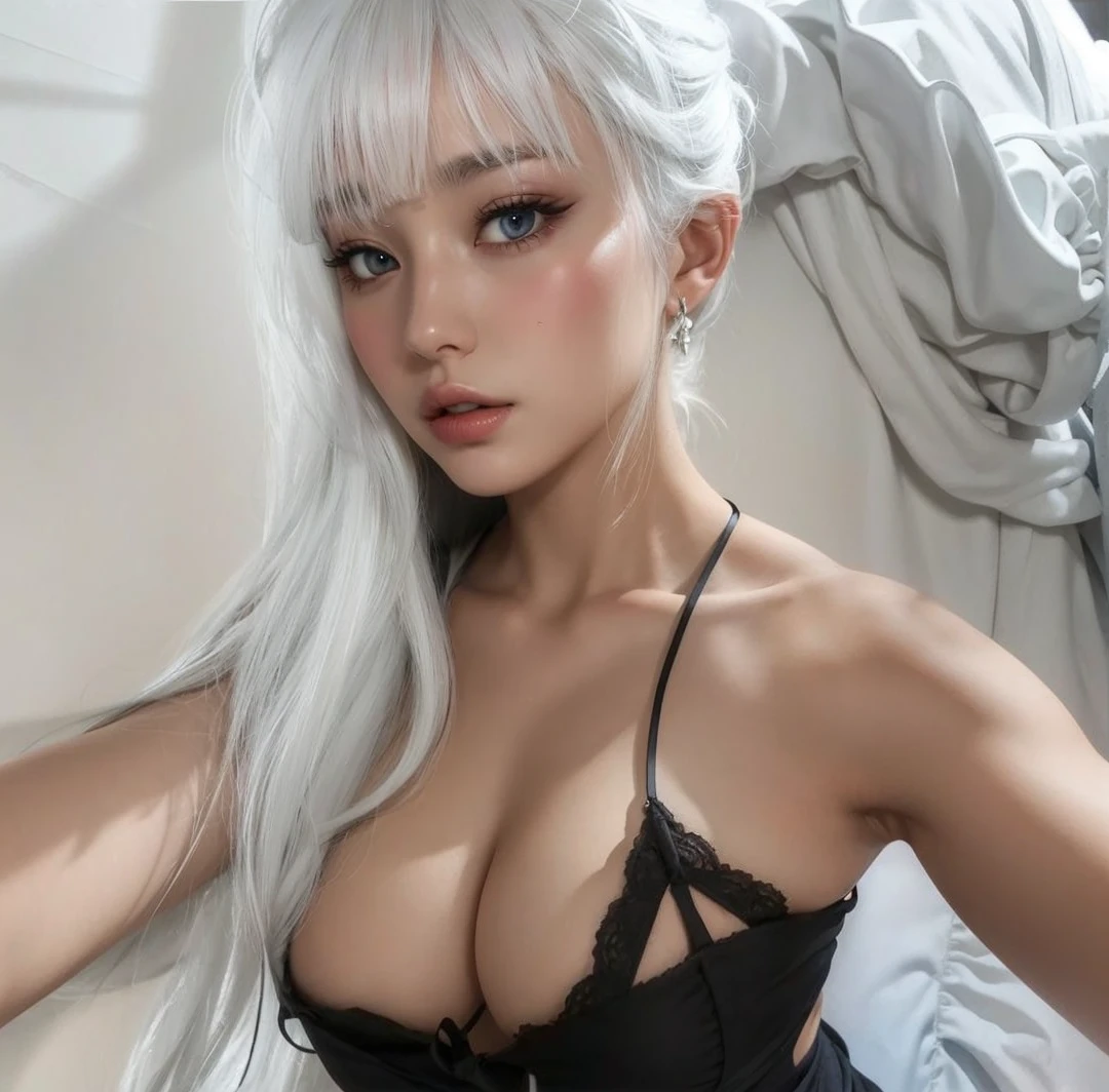 white hair, neckline, wavy hair, big breasts, delicate skin, natural