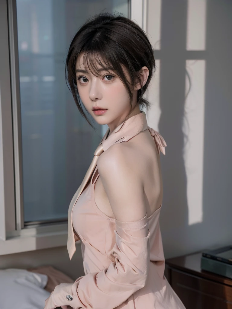 anime girl with short hair and a tie looking out a window, beautiful anime portrait, smooth anime cg art, detailed portrait of anime girl, stunning anime face portrait, portrait anime girl, anime. soft lighting, realistic anime artstyle, anime art wallpaper 8 k, beautiful anime girl, detailed digital anime art, digital art ilya kuvshinov, anime style 4 k