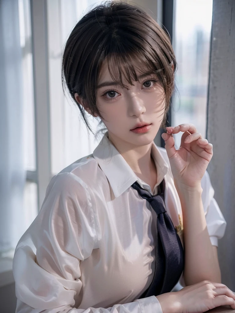 anime girl with short hair and a tie looking out a window, beautiful anime portrait, smooth anime cg art, detailed portrait of anime girl, stunning anime face portrait, portrait anime girl, anime. soft lighting, realistic anime artstyle, anime art wallpaper 8 k, beautiful anime girl, detailed digital anime art, digital art ilya kuvshinov, anime style 4 k