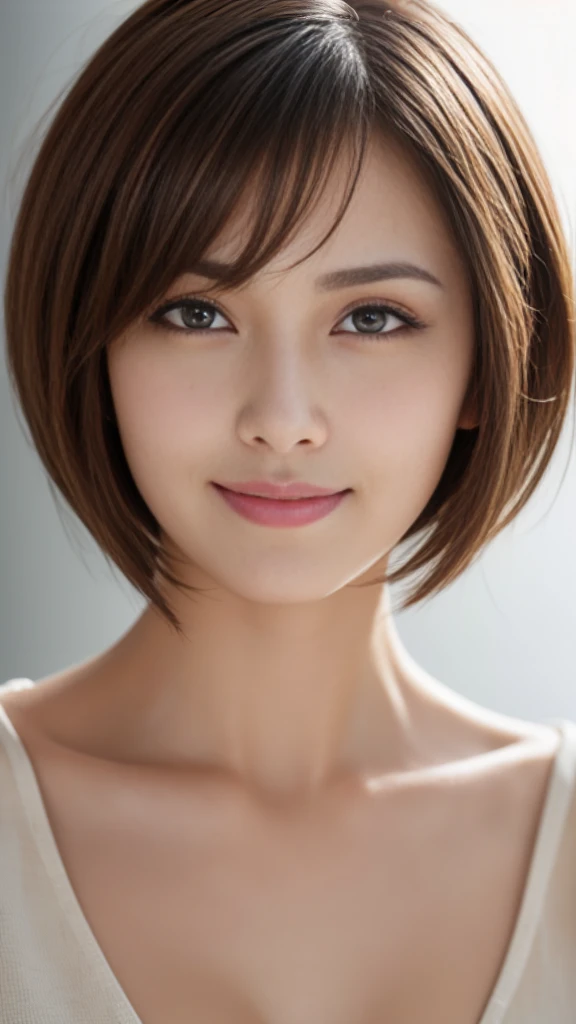 Tabletop, Highest quality, Realistic, Very detailed, finely, High resolution, 8k wallpaper, One beautiful woman,, Light brown short bob cut stretch hair,........, Sharp focus, Perfect dynamic composition, Beautiful and exquisite, Thinning hair, Detailed Realistic skin texture, smile, Close-up portrait, Model Body Type、president'secretary、mini skirt、High heels、