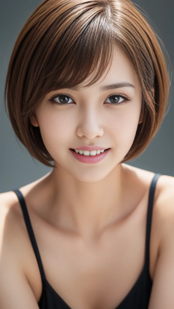 Tabletop, Highest quality, Realistic, Very detailed, finely, High resolution, 8k wallpaper, One beautiful woman,, Light brown short bob cut stretch hair,........, Sharp focus, Perfect dynamic composition, Beautiful and exquisite, Thinning hair, Detailed Realistic skin texture, smile, Close-up portrait, Model Body Type、president'secretary、mini skirt、High heels、