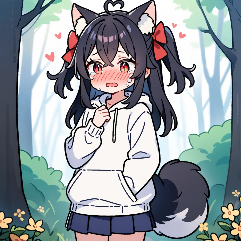 （masterpiece：1.2，high quality），8K，High resolution，A seven-year-old girl，cute girl，black hair，long hair，hair two side up，hair bow，crossed bangs，red eyes，slit pupils，heart ahoge，cat ears，full-face blush，embarrassed，crying，tears，Wearing a white hoodie，Dark blue pleated skirt，Stand in the forest，There are flowering trees on both sides.，primary school student，thigh，alone，dog tail，（Put your hands in your pockets），（（Put your hands in your pockets））