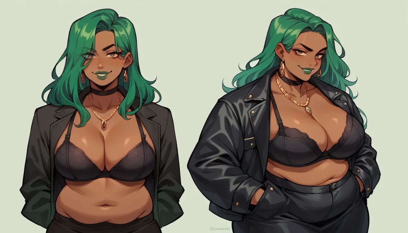 beautyfull woman, long green hair, long hair, african skin, green lipstick, black skirt, black bra, black chocker, black necklaces, evil smile, black jacket, chubby